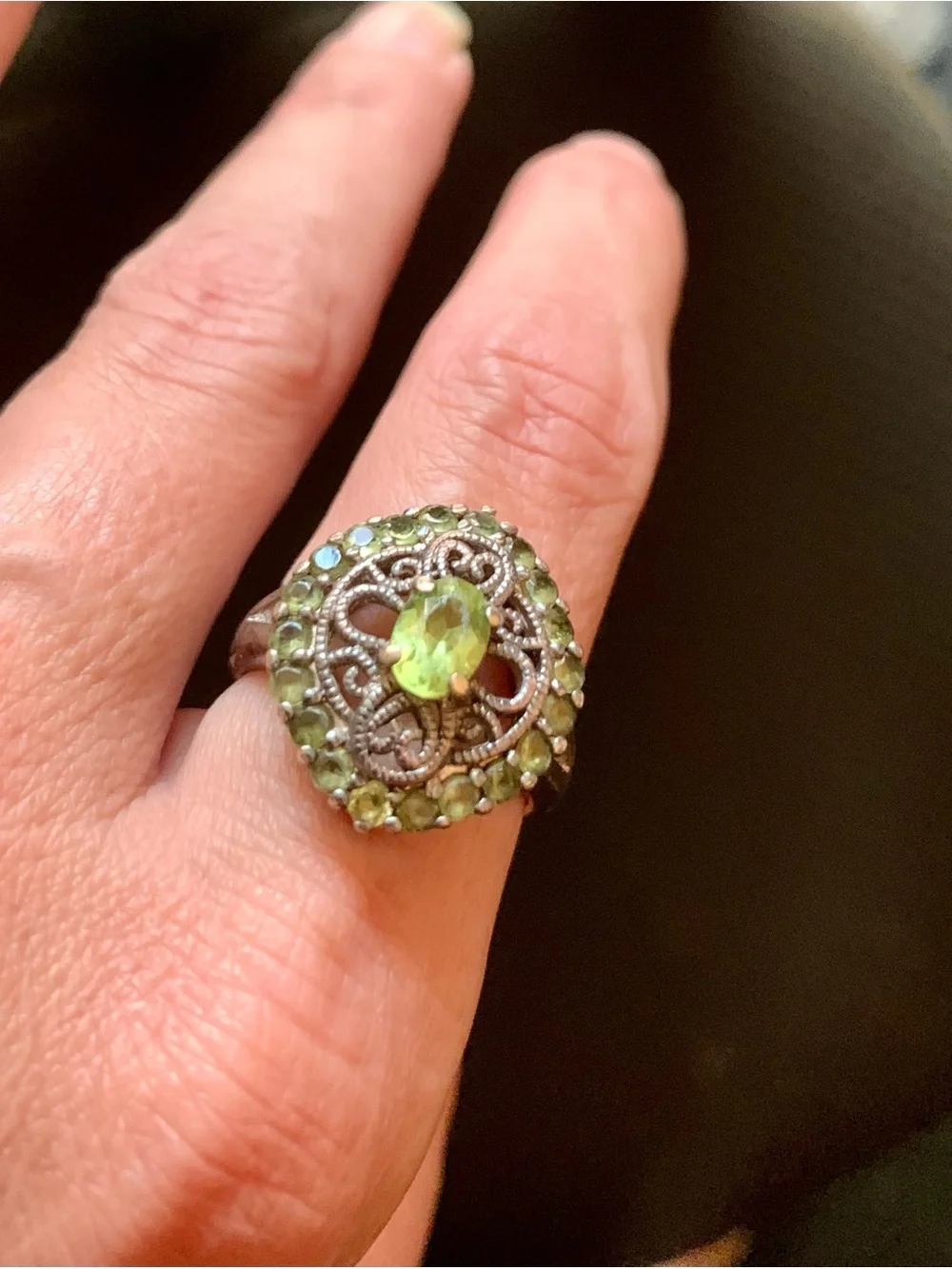 Vintage Green Gemstone Filigree 925 Sterling Silver Statement Ring #0041